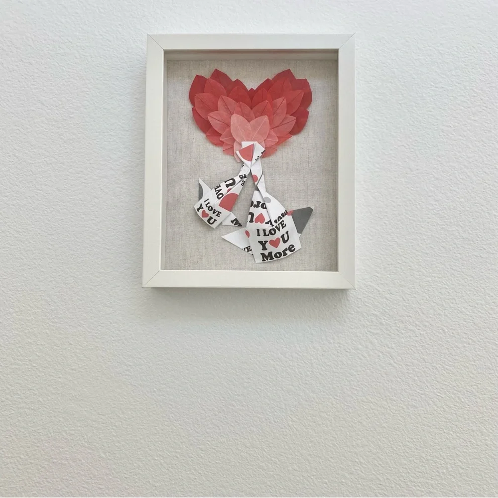 NEW Handmade Origami Koi Fish Love Ombré Heart Wooden Linen Shadow Box 9x11 inch - Picture 7 of 8